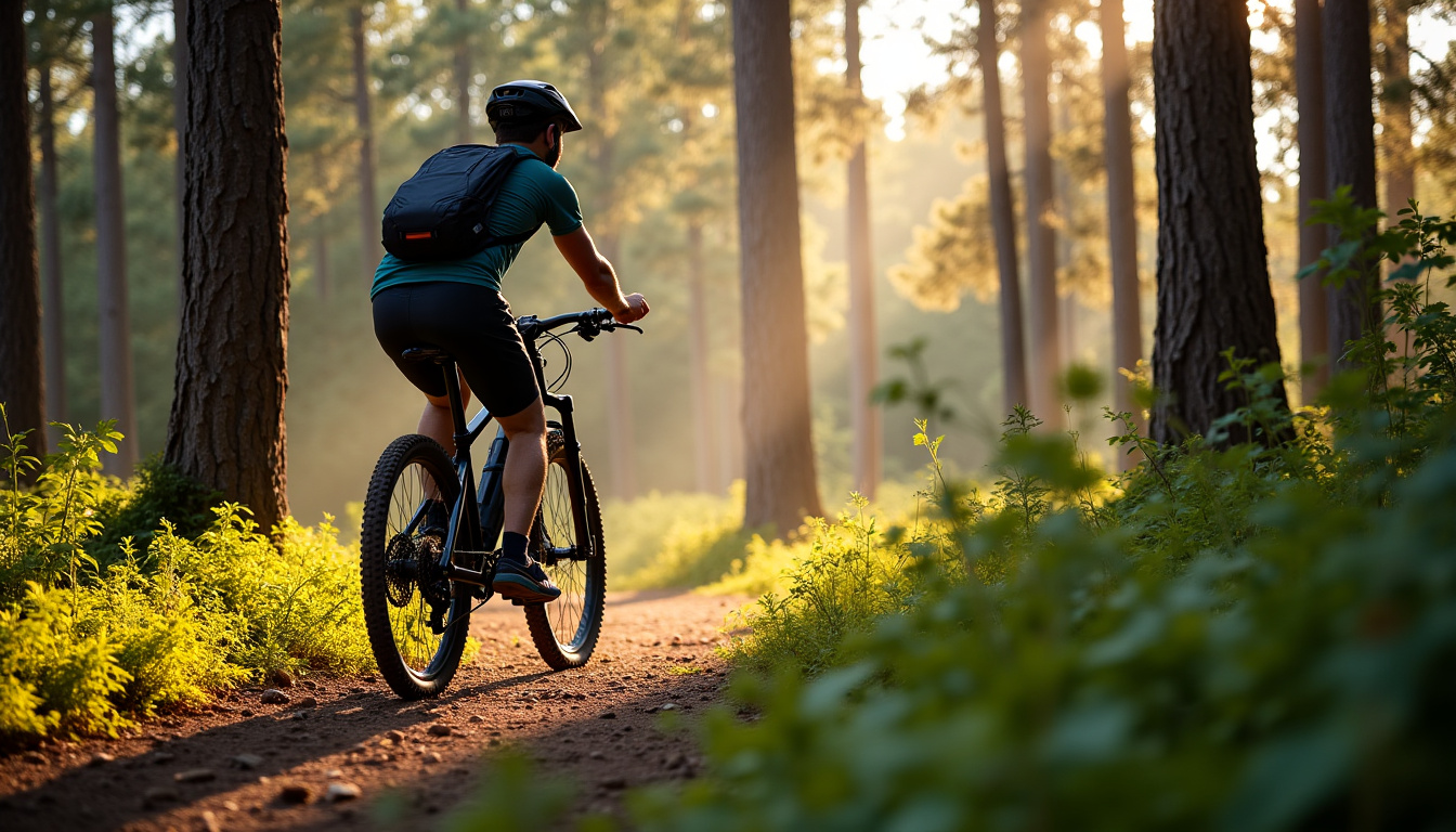VTC électrique KTM Macina Cross 710 en situation de randonnée sur chemin forestier