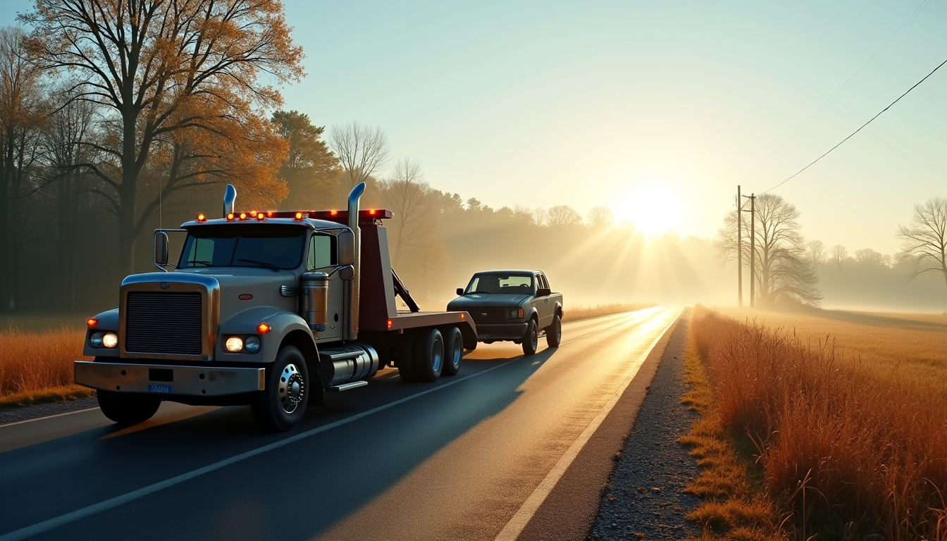 Un camion dépanneur remorquant une épave de voiture sur une route de campagne près d'Agnicourt-et-Séchelles, sous un ciel légèrement nuageux.