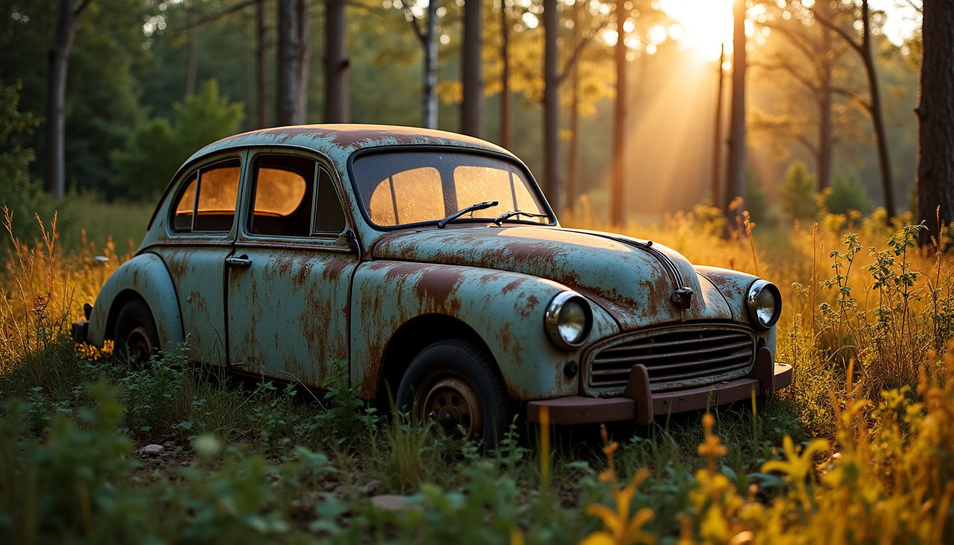 Une voiture rouillée et abandonnée au bord d'un chemin rural, avec des liquides s'écoulant et polluant le sol, symbolisant les risques environnementaux.