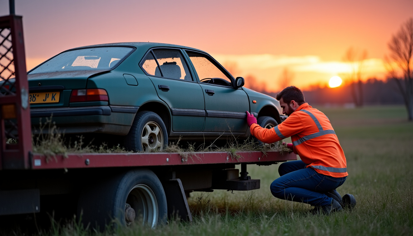Un épaviste professionnel charge un véhicule hors d'usage sur une dépanneuse moderne. L'épave est en mauvais état mais sécurisée pour le transport. Les équipements de sécurité sont visibles, assurant une manipulation conforme.