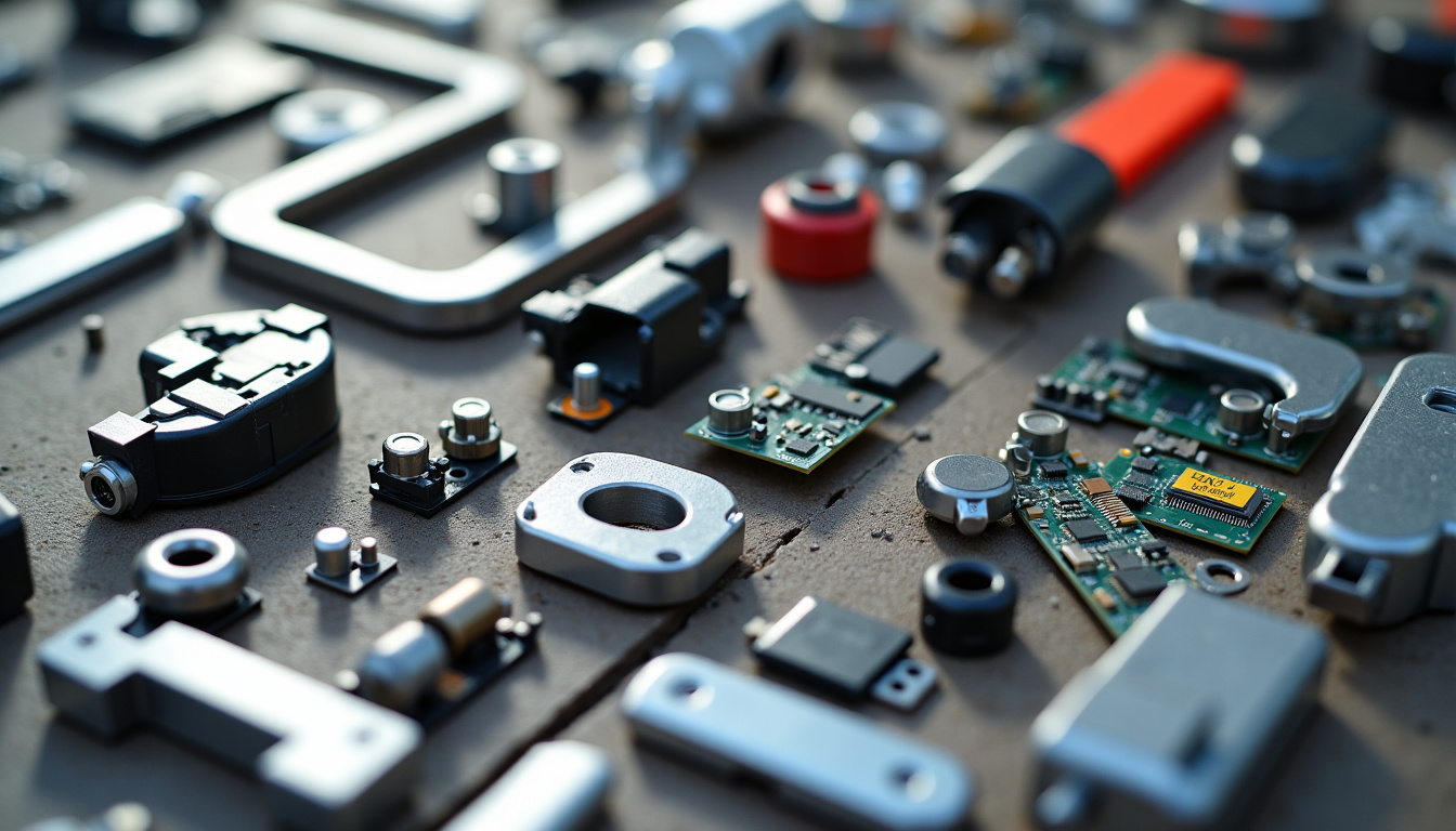 Vue détaillée de pièces automobiles triées pour le recyclage, incluant des métaux, plastiques et composants électroniques. L'image met en évidence le processus de valorisation des matériaux et la réutilisation des ressources.