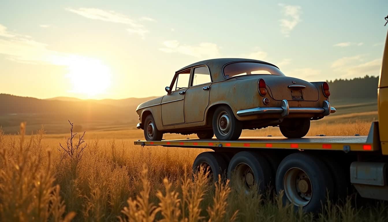 Un camion épaviste chargeant une voiture ancienne rouillée sur un plateau, avec un arrière-plan rural à Amifontaine.