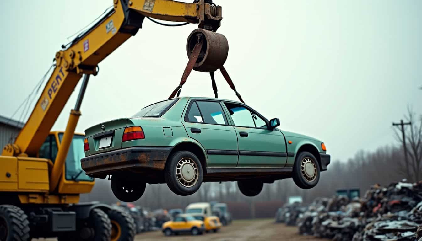 Un centre de traitement de Véhicules Hors d'Usage, avec des véhicules en attente de dépollution et de démantèlement, symbolisant le recyclage automobile.
