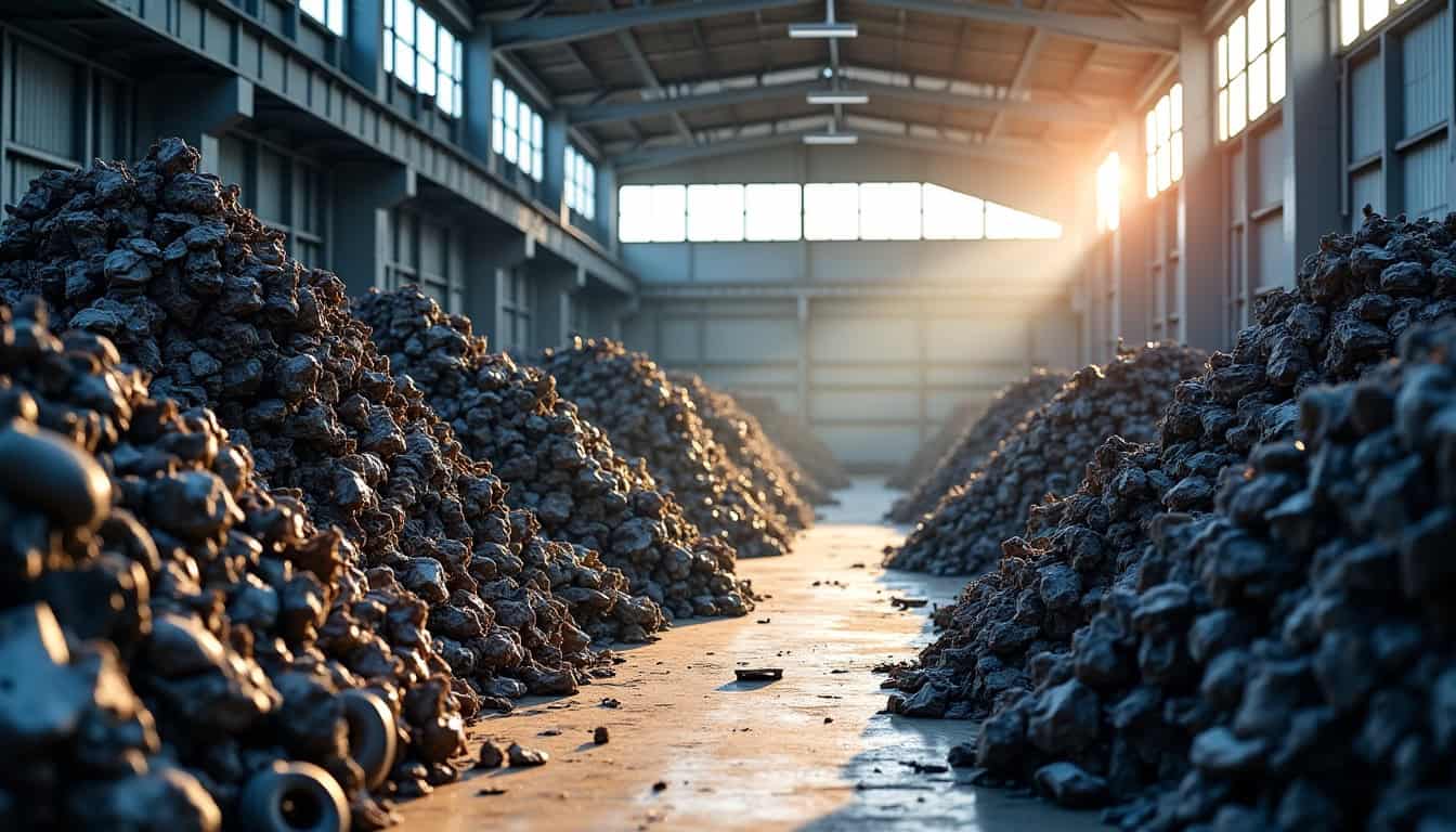 Des piles de matériaux recyclés comme des pneus et des pièces métalliques dans une usine de recyclage de véhicules. Des équipements de tri sont visibles en arrière-plan, soulignant le processus de valorisation.