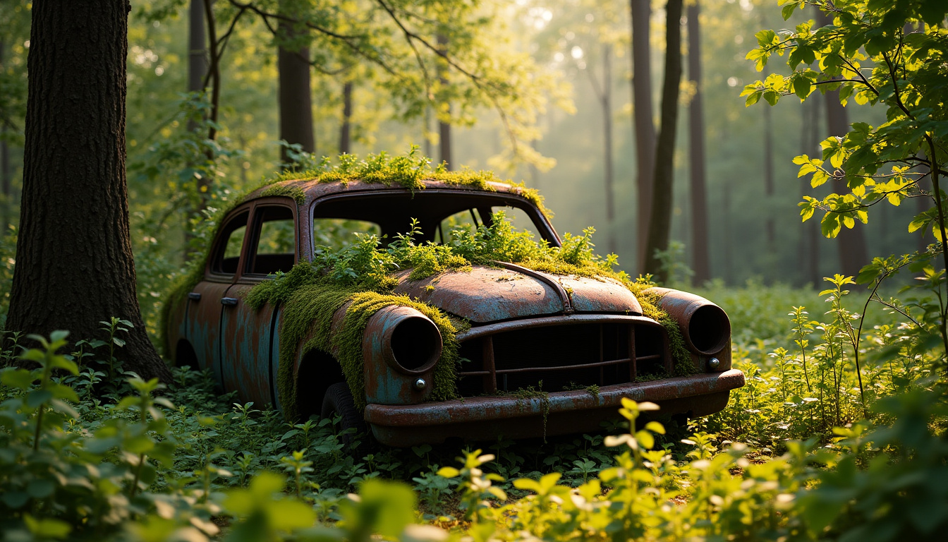 Une épave de voiture rouillée et recouverte de végétation, abandonnée au milieu d'un champ verdoyant sous un ciel nuageux. L'image souligne le problème des véhicules abandonnés et la nécessité d'un enlèvement écologique.