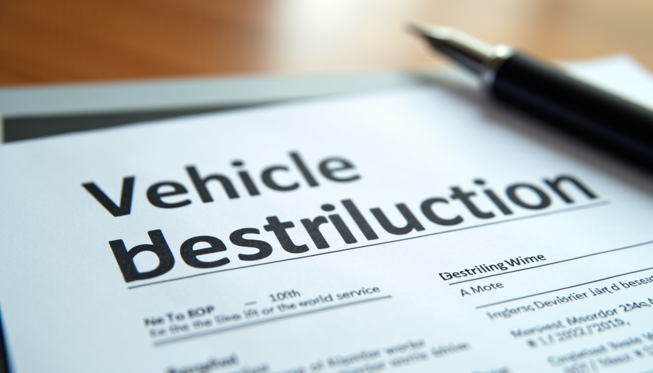 Un document officiel de certificat de destruction de véhicule, posé sur un bureau, avec un stylo. Le certificat est clair, indiquant les informations du véhicule et la date de destruction, symbolisant la fin légale de vie d'une épave.