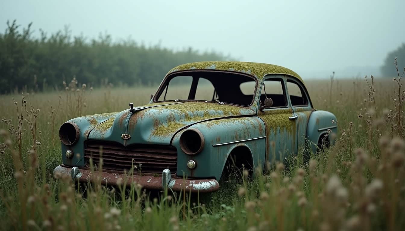 Une épave de voiture rouillée abandonnée dans un champ près de Beaumont-en-Beine, illustrant le besoin d'un enlèvement d'épave professionnel et écologique.