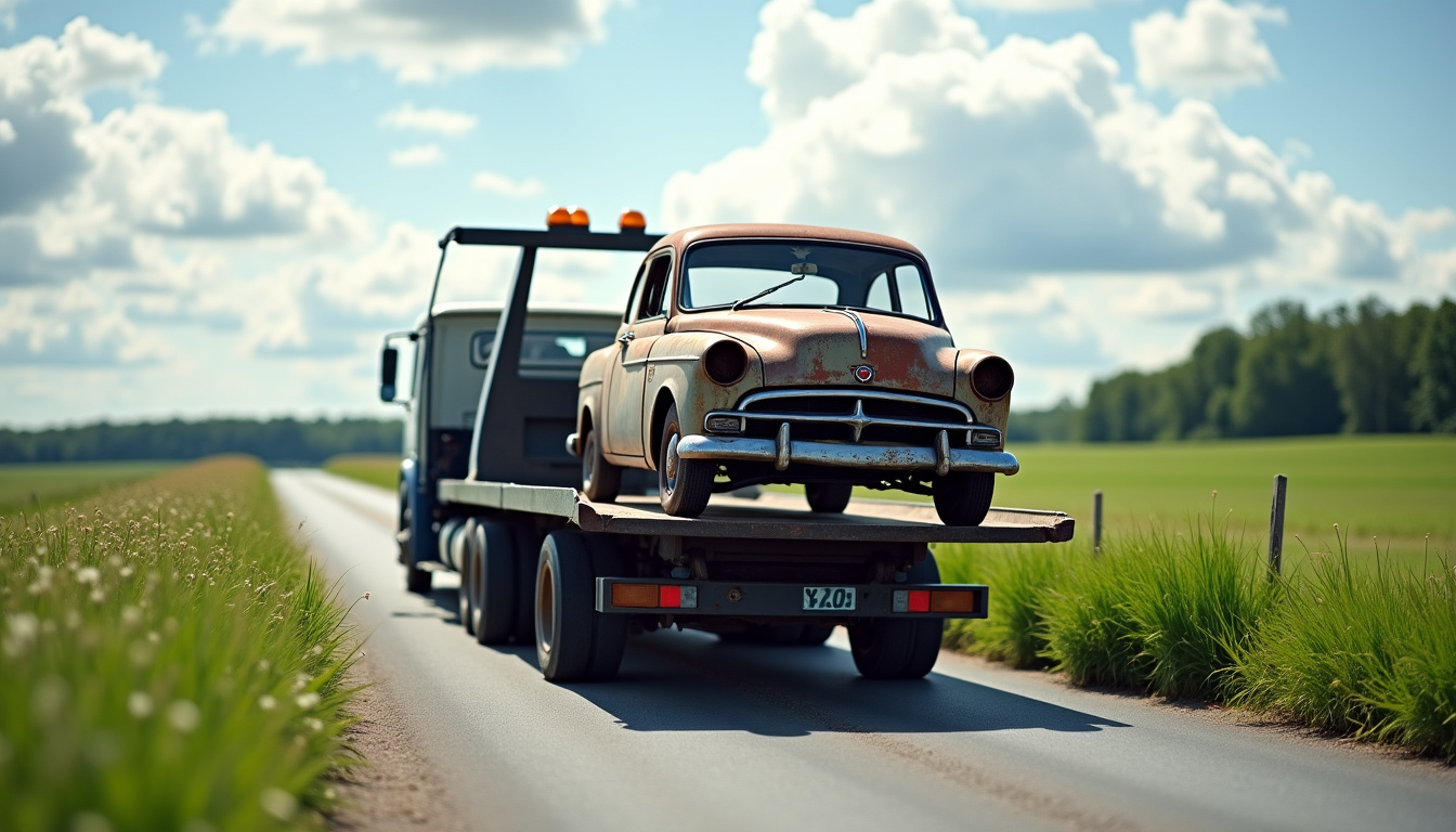 Un camion de dépannage moderne en train de charger une épave de voiture rouillée sur une route de campagne près de Beaurevoir, avec un ciel légèrement nuageux et des champs verdoyants en arrière-plan.