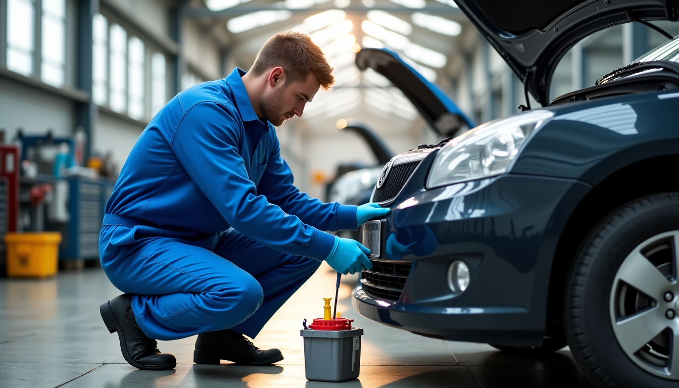 Un professionnel effectuant la dépollution d'un véhicule hors d'usage avant son recyclage, avec des équipements de protection.