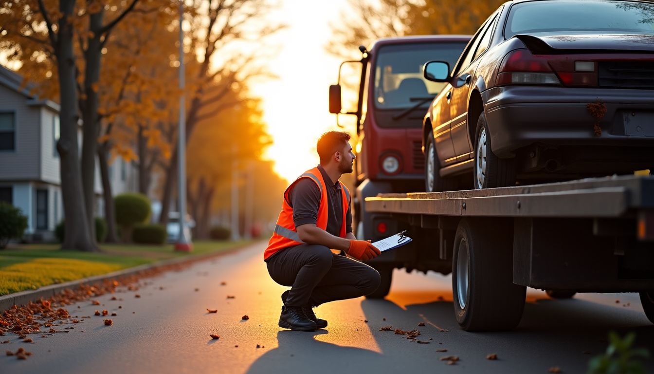 Un camion de remorquage professionnel transportant une épave de voiture, avec un épaviste en train d'attacher le véhicule.