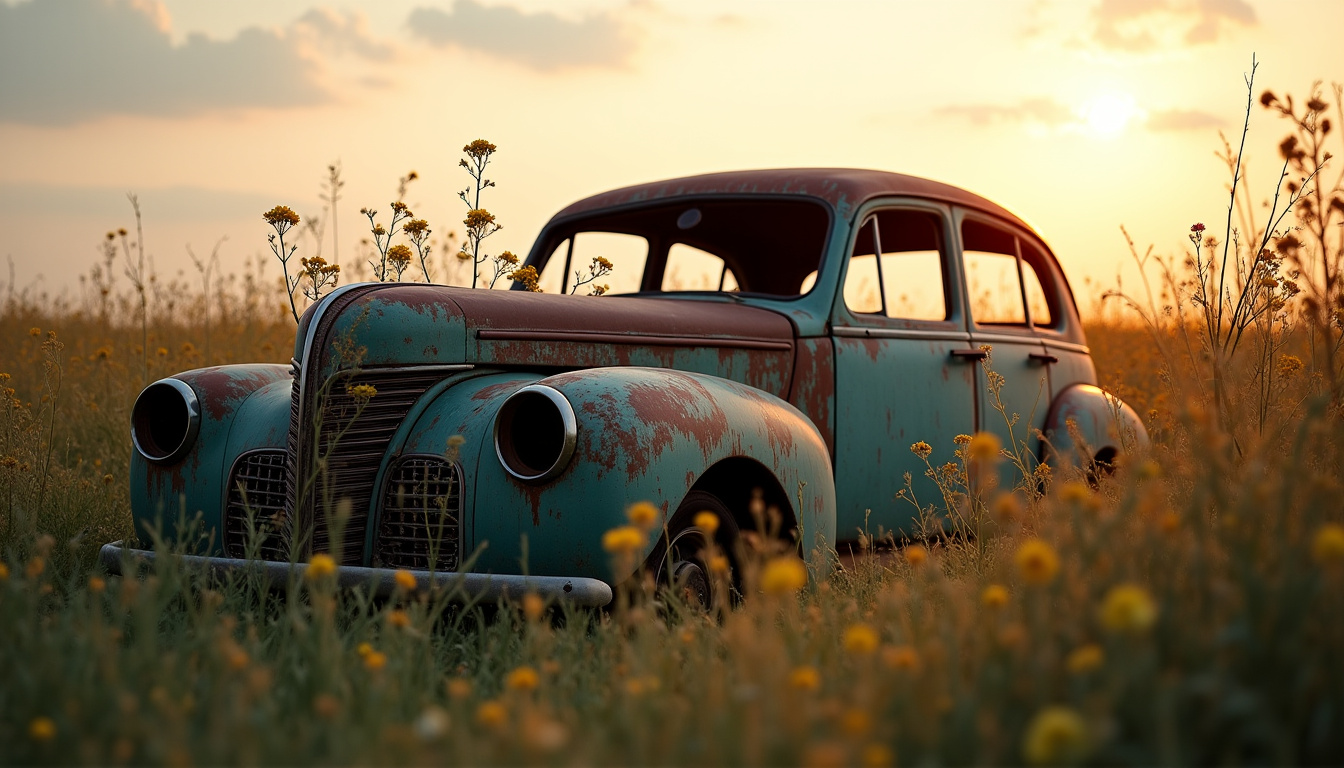 Une épave de voiture rouillée, recouverte de végétation, stationnée dans un champ près de Berlise, illustrant l'état d'un véhicule hors d'usage.