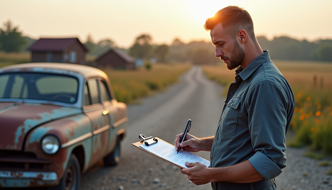 Un épaviste professionnel, en tenue de travail, expliquant minutieusement les documents administratifs nécessaires à un client. Des formulaires et un stylo sont posés sur une tablette, symbolisant la conformité, la transparence et la simplicité des démarches légales.