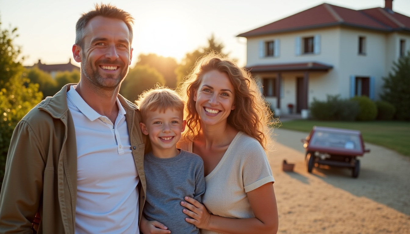 Une famille souriante et soulagée se tenant devant leur maison à Blanzy-lès-Fismes, avec un espace désormais dégagé où se trouvait auparavant une épave, symbolisant la satisfaction du service.