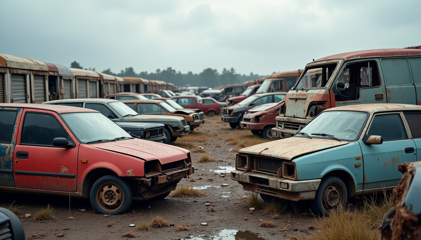 Un assortiment de véhicules en fin de vie est garé dans une casse automobile. On y voit des voitures de tourisme, une camionnette et même un scooter, tous dans divers états de décomposition. Cela illustre la diversité des VHU que les épavistes peuvent enlever et recycler.