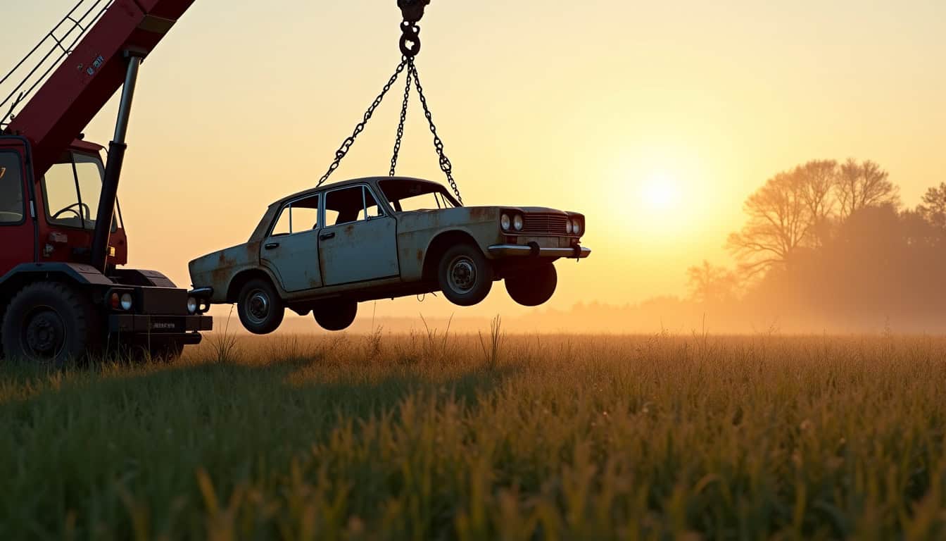 Un camion-grue emporte une épave de voiture rouillée d'une propriété rurale, soulignant le service d'enlèvement professionnel.