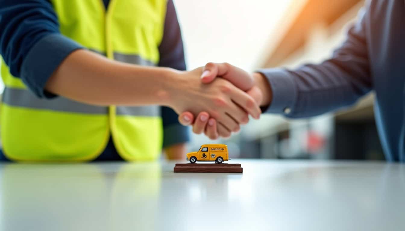Un épaviste agréé discutant avec un client et montrant des documents de certification, symbolisant la conformité légale et le professionnalisme.