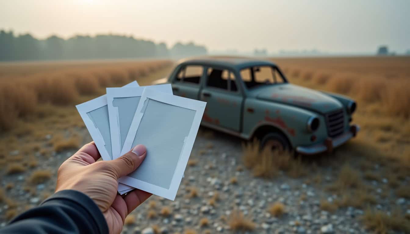 Une main tenant des documents officiels, dont une carte grise, au-dessus d'un tableau d'informations, symbolisant les papiers requis pour l'enlèvement d'une épave.
