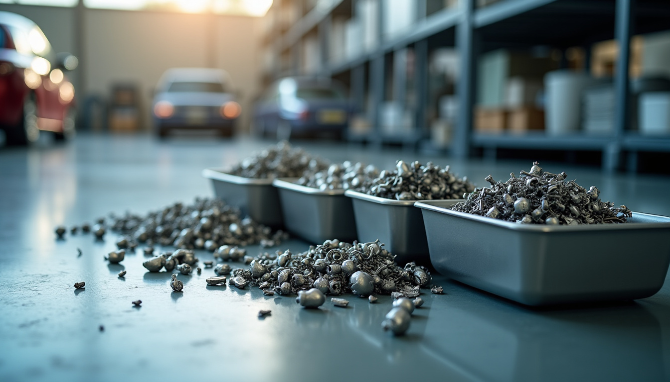 Vue détaillée de différentes pièces de voiture triées pour le recyclage, avec des matériaux comme le métal, le plastique et le verre séparés dans des conteneurs, symbolisant le processus de recyclage responsable.