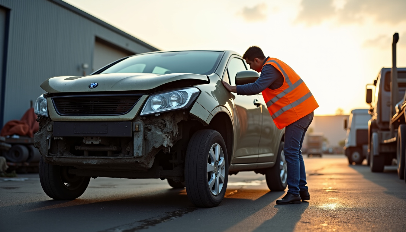 Un épaviste professionnel charge un véhicule hors d'usage sur une dépanneuse moderne, avec l'équipement de sécurité approprié, sur une route de campagne de l'Aisne.