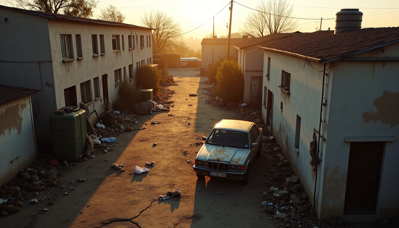 Vue aérienne d'un centre de recyclage de véhicules, montrant des piles de carrosseries de voitures et des équipements de tri, symbolisant le recyclage écologique et la valorisation des épaves.