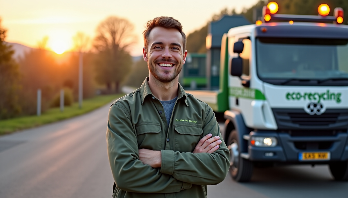 Un épaviste souriant en tenue de travail, debout devant sa dépanneuse moderne. L'arrière-plan flou suggère une zone rurale de l'Aisne, symbolisant l'expertise locale et la fiabilité du service.