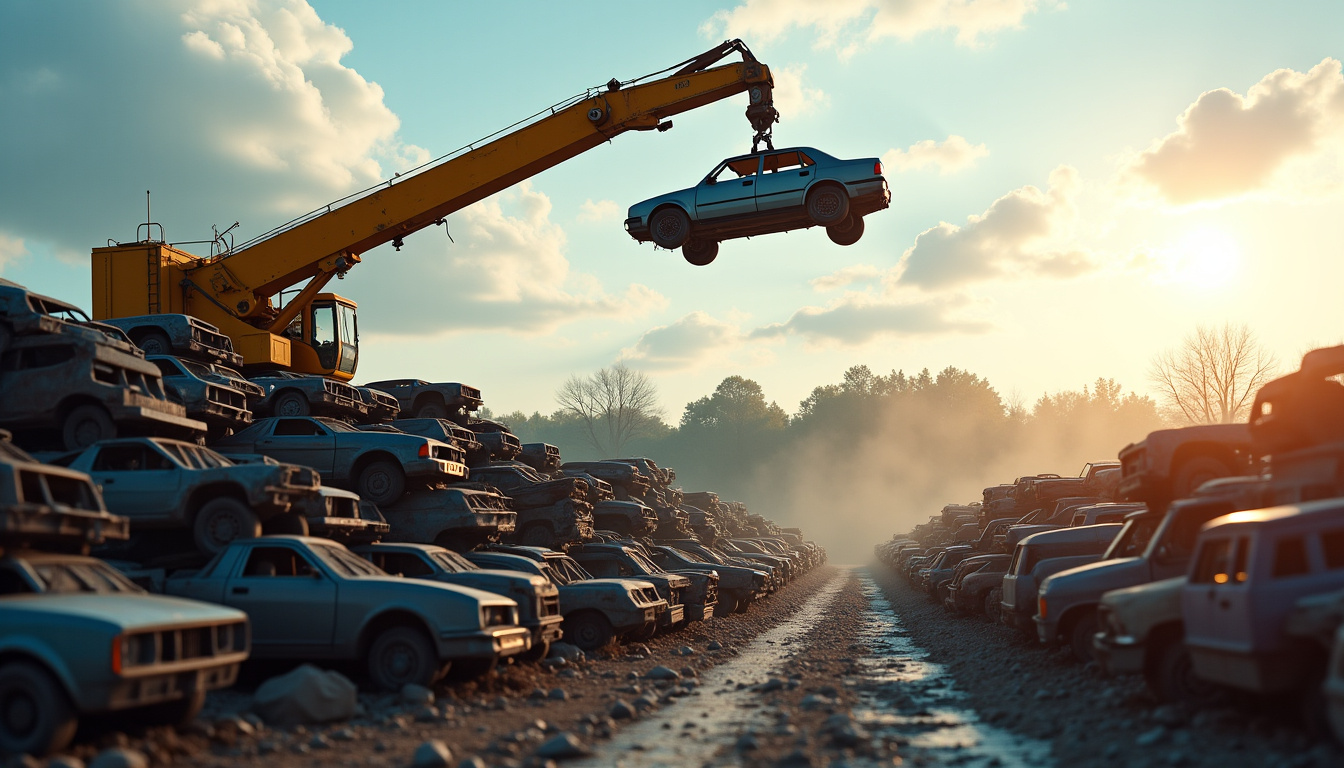 Une grue manipulant des carcasse de voitures empilées dans une casse automobile, sous un ciel légèrement ensoleillé, illustrant le processus de recyclage et de dépollution des véhicules hors d'usage.