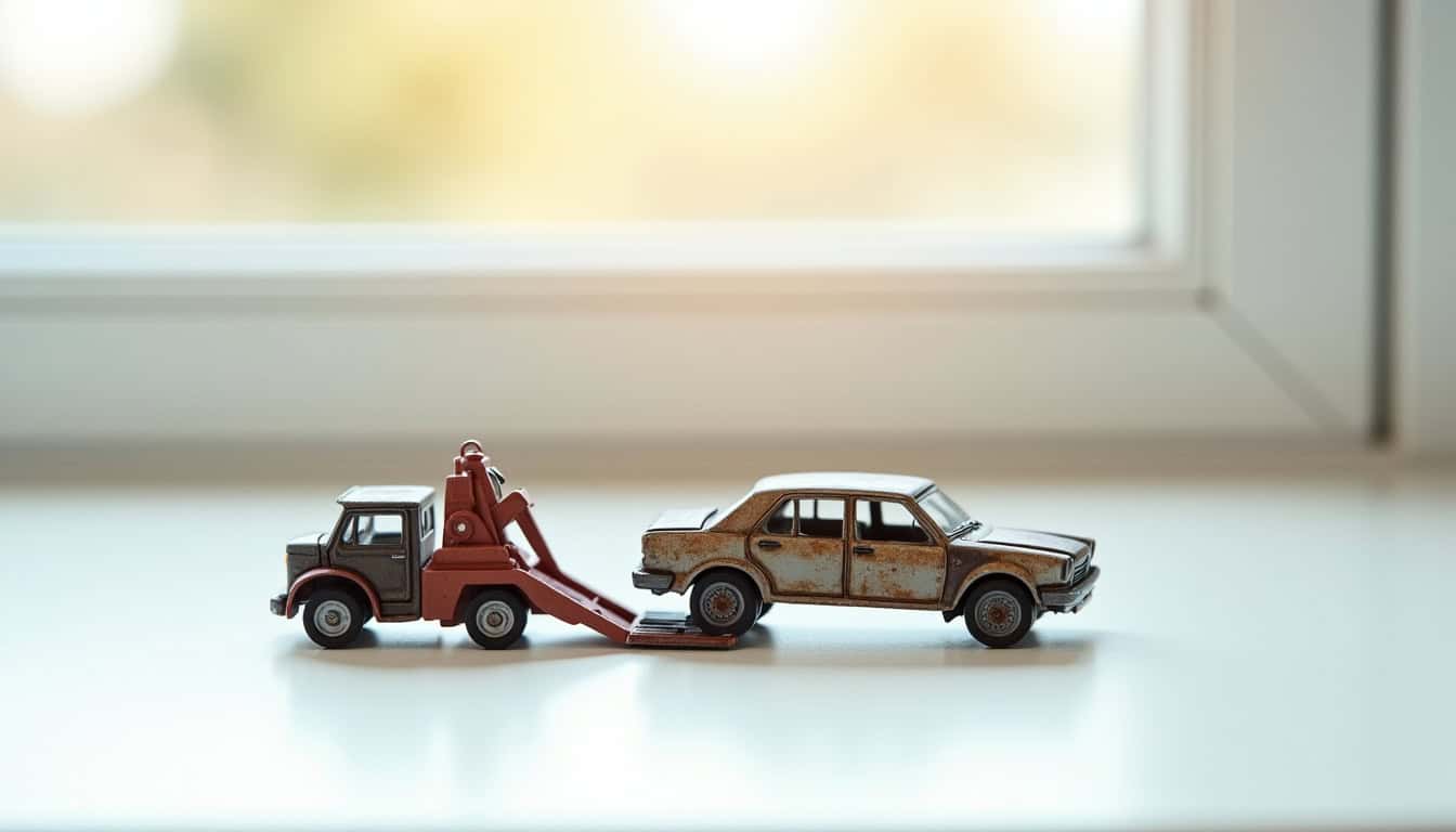 Vue d'une vieille voiture rouillée, symbolisant une épave, dans un champ près de Chaourse, prête à être enlevée par un épaviste pour un traitement écologique.