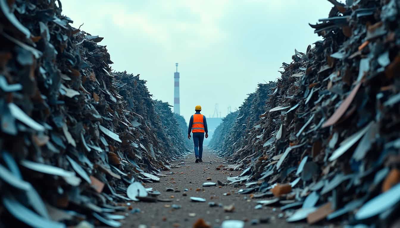 Des piles de métaux recyclés provenant de véhicules, avec un ouvrier travaillant en arrière-plan, illustrant l'aspect environnemental du recyclage des épaves dans la région Nord de l'Aisne.