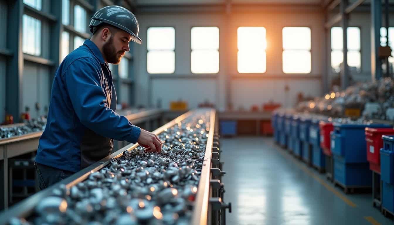 Un ouvrier spécialisé triant des pièces automobiles métalliques et plastiques dans un centre de recyclage, mettant en avant le processus de valorisation des matériaux après la dépollution des VHU.