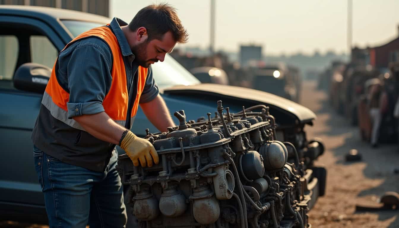 Un épaviste professionnel inspecte le moteur d'une voiture hors d'usage avant de procéder à son enlèvement, mettant en avant le service à Chivres-Val.