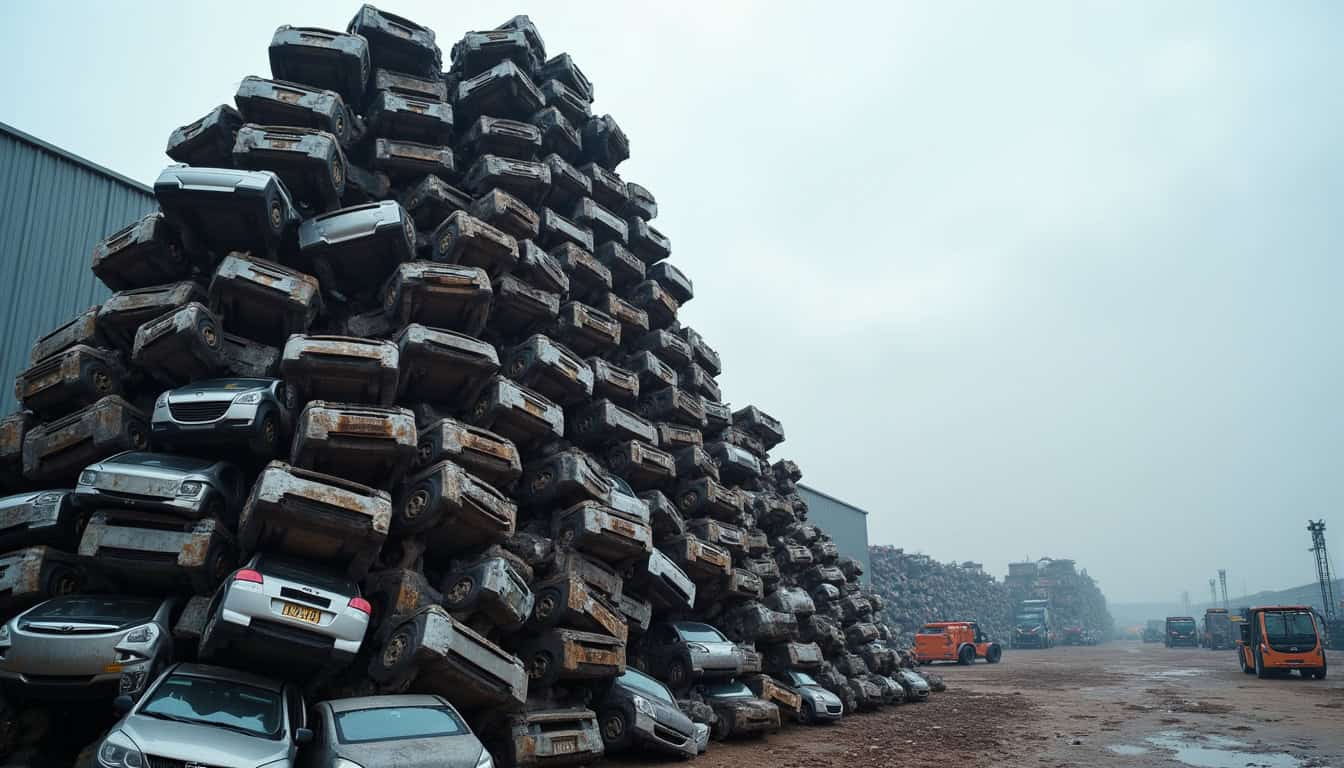 Des piles de pièces automobiles recyclées et compressées, telles que des jantes et des blocs moteurs, dans un centre de traitement des véhicules, illustrant le processus de valorisation des matériaux.