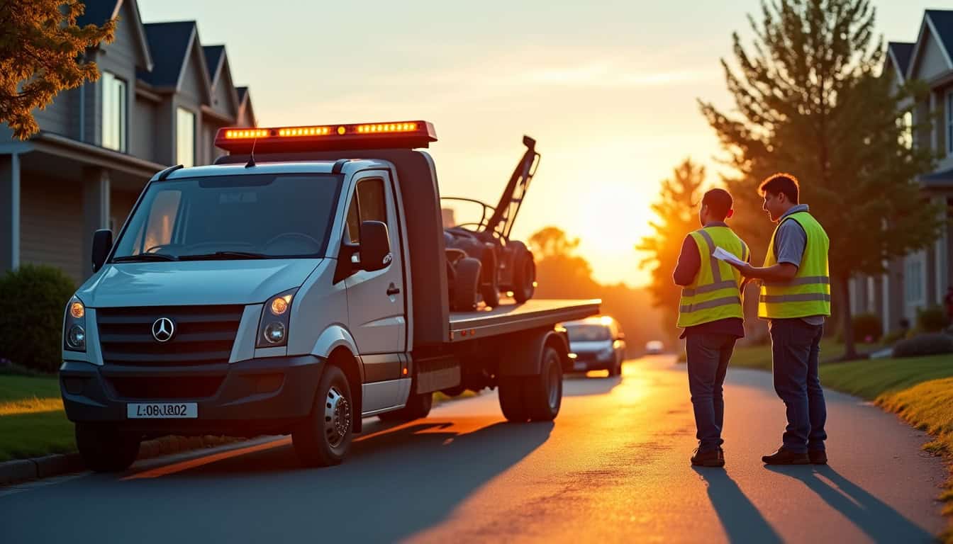 Un camion de remorquage s'apprêtant à charger une voiture hors d'usage sur le bord d'une route rurale, sous un ciel légèrement nuageux.