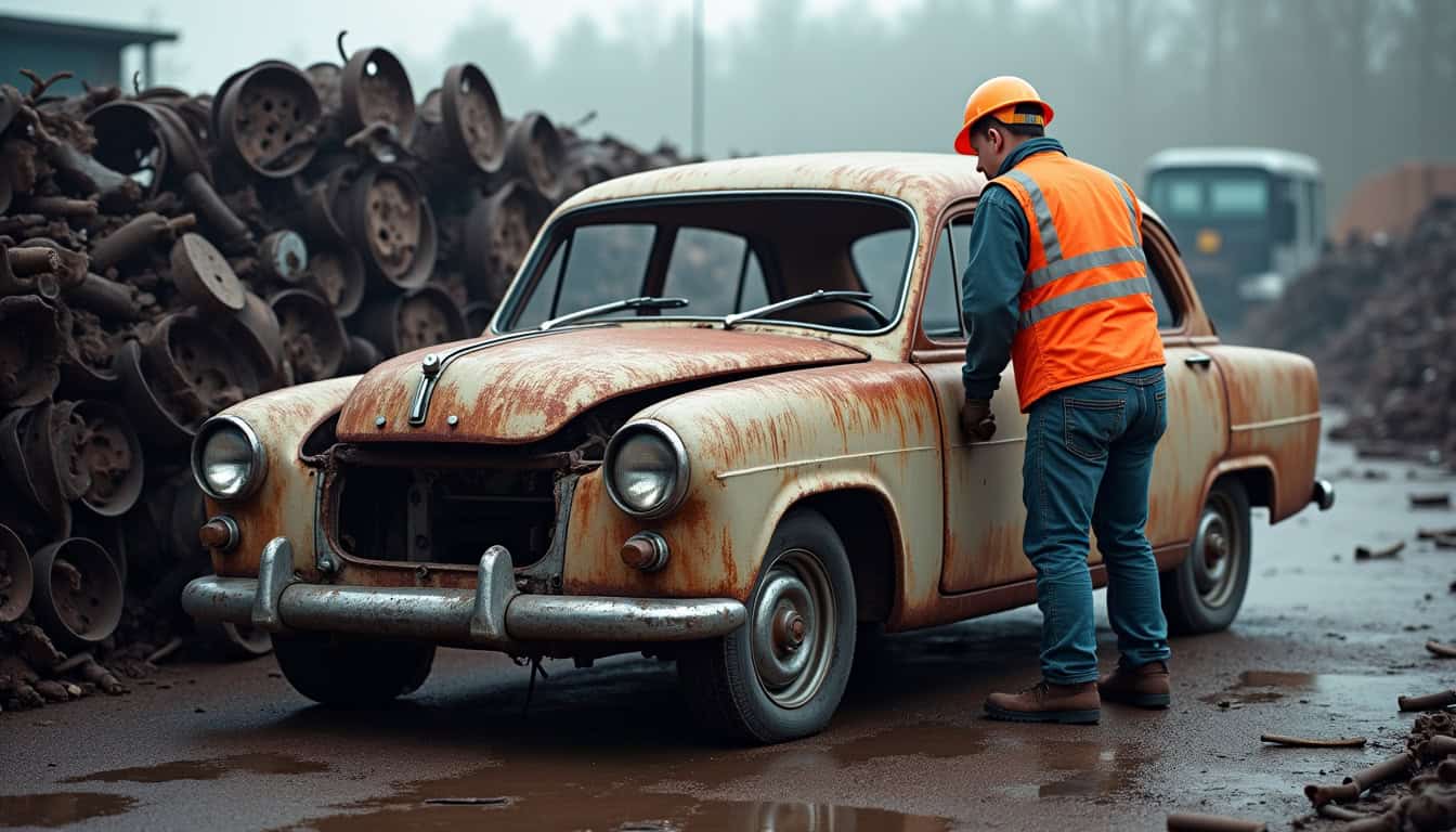 Vue détaillée du démantèlement d'une voiture dans un centre de recyclage agréé. Des opérateurs équipés manipulent des pièces de véhicules, montrant le processus de dépollution et de tri des matériaux.