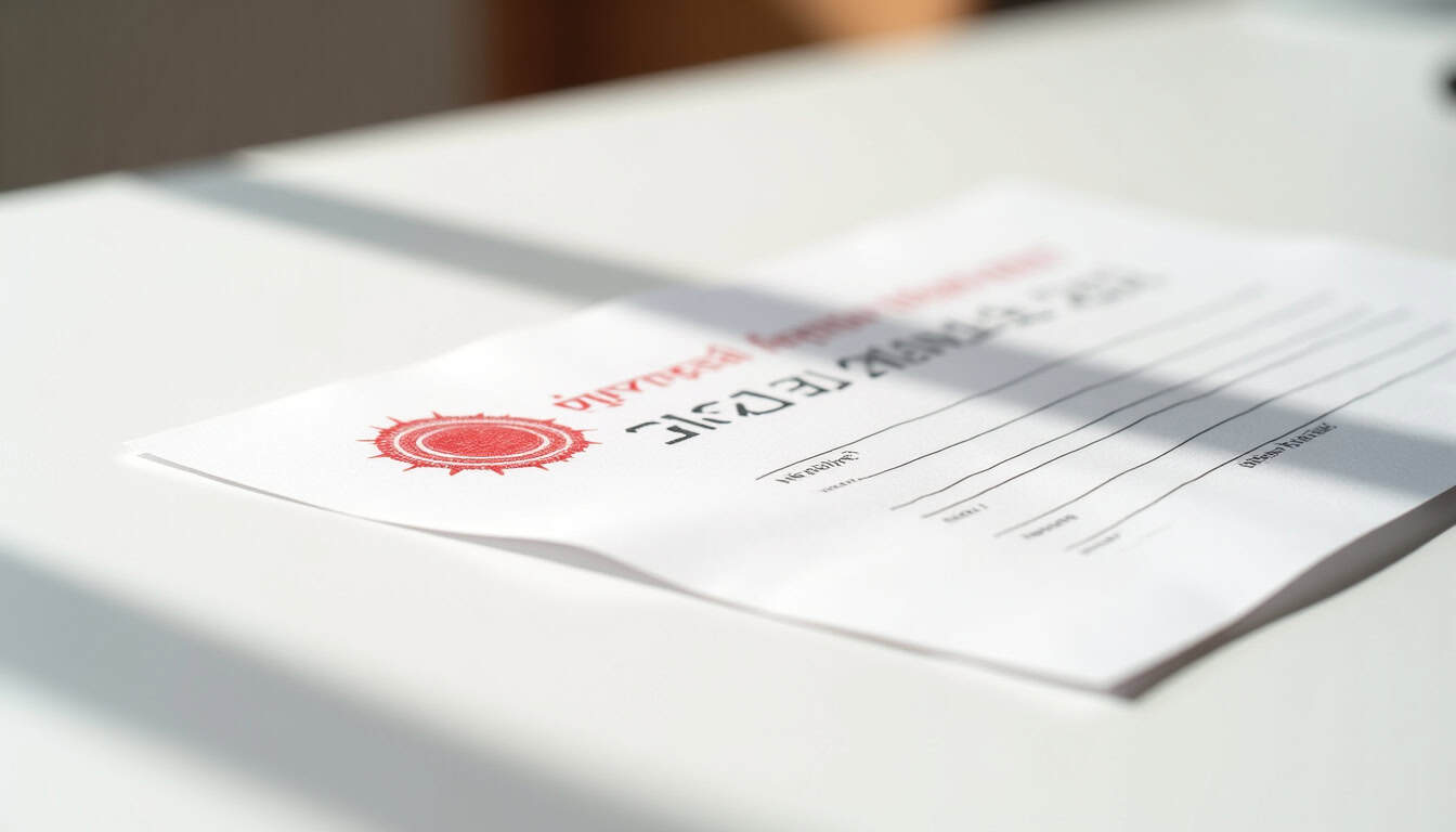 Un document officiel, partiellement flou, avec un tampon d'agrément, posé sur une surface de travail. L'image symbolise la légalité et la conformité des services d'épaviste agréé.