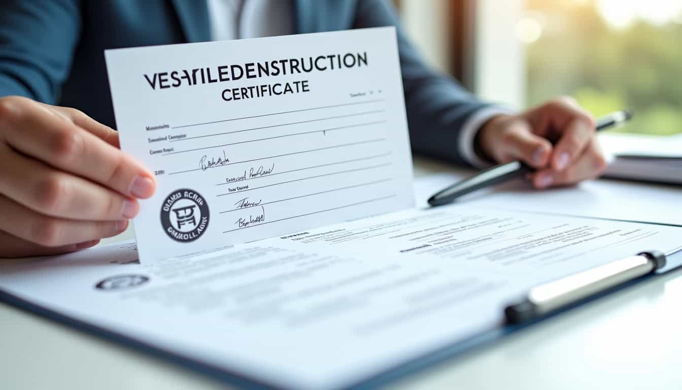 Une main tenant un certificat officiel de destruction de véhicule, avec un stylo et des papiers flous en arrière-plan, symbolisant la conformité administrative.