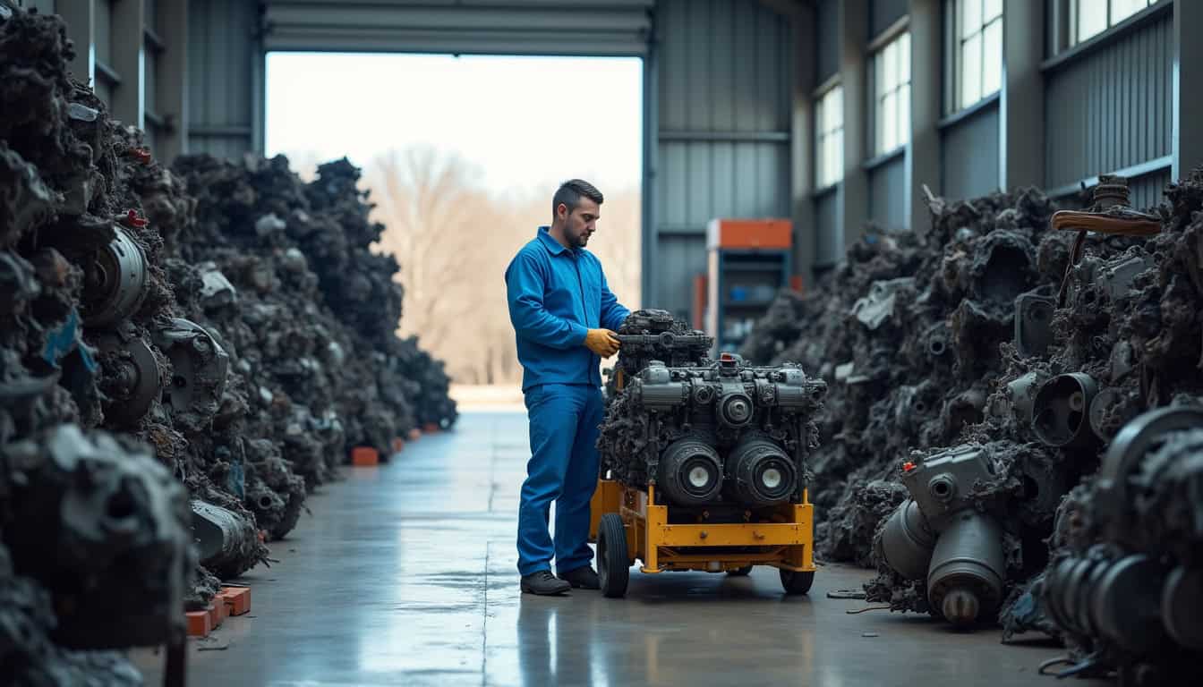 Un technicien en équipement de protection manipule des pièces de moteur dans un centre de recyclage VHU, illustrant le processus de dépollution et de valorisation des matériaux des véhicules hors d'usage.
