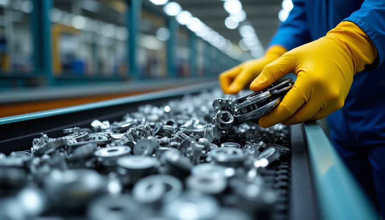 Gros plan sur des pièces automobiles triées sur un tapis roulant dans un centre de recyclage VHU agréé. Des mains gantées séparent les métaux des plastiques, illustrant le processus de valorisation.