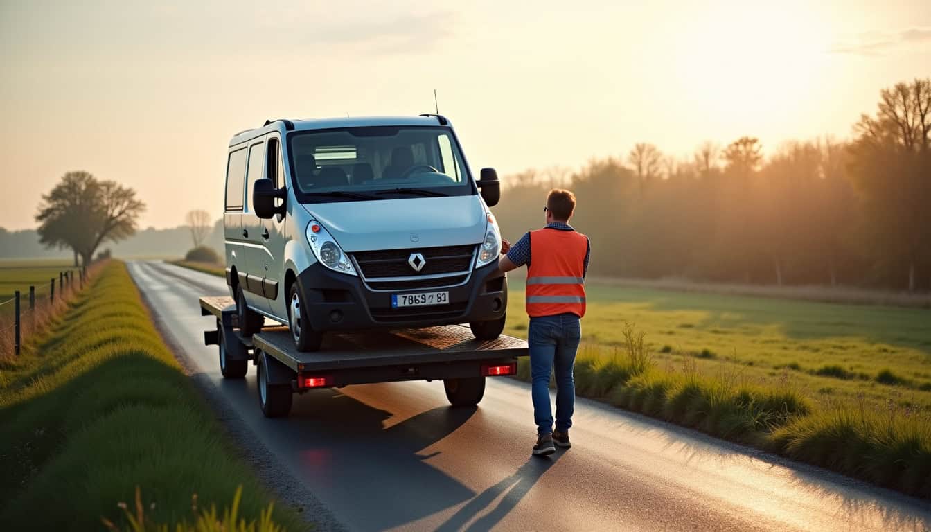 Un épaviste charge un véhicule hors d'usage sur une dépanneuse à Crécy-sur-Serre, soulignant l'efficacité du service d'enlèvement gratuit.