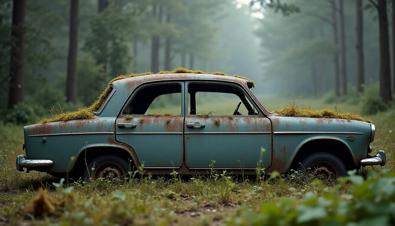 Une épave de voiture abandonnée dans la nature, symbolisant les risques de pollution environnementale et les sanctions encourues en cas de non-enlèvement.