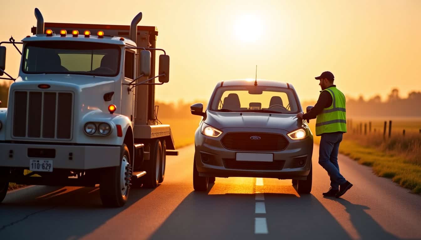 Un camion remorqueur avec un épaviste professionnel en train de charger une voiture hors d'usage sur le plateau, sur une route de campagne près de Cuiry-lès-Iviers, sous un ciel légèrement nuageux.