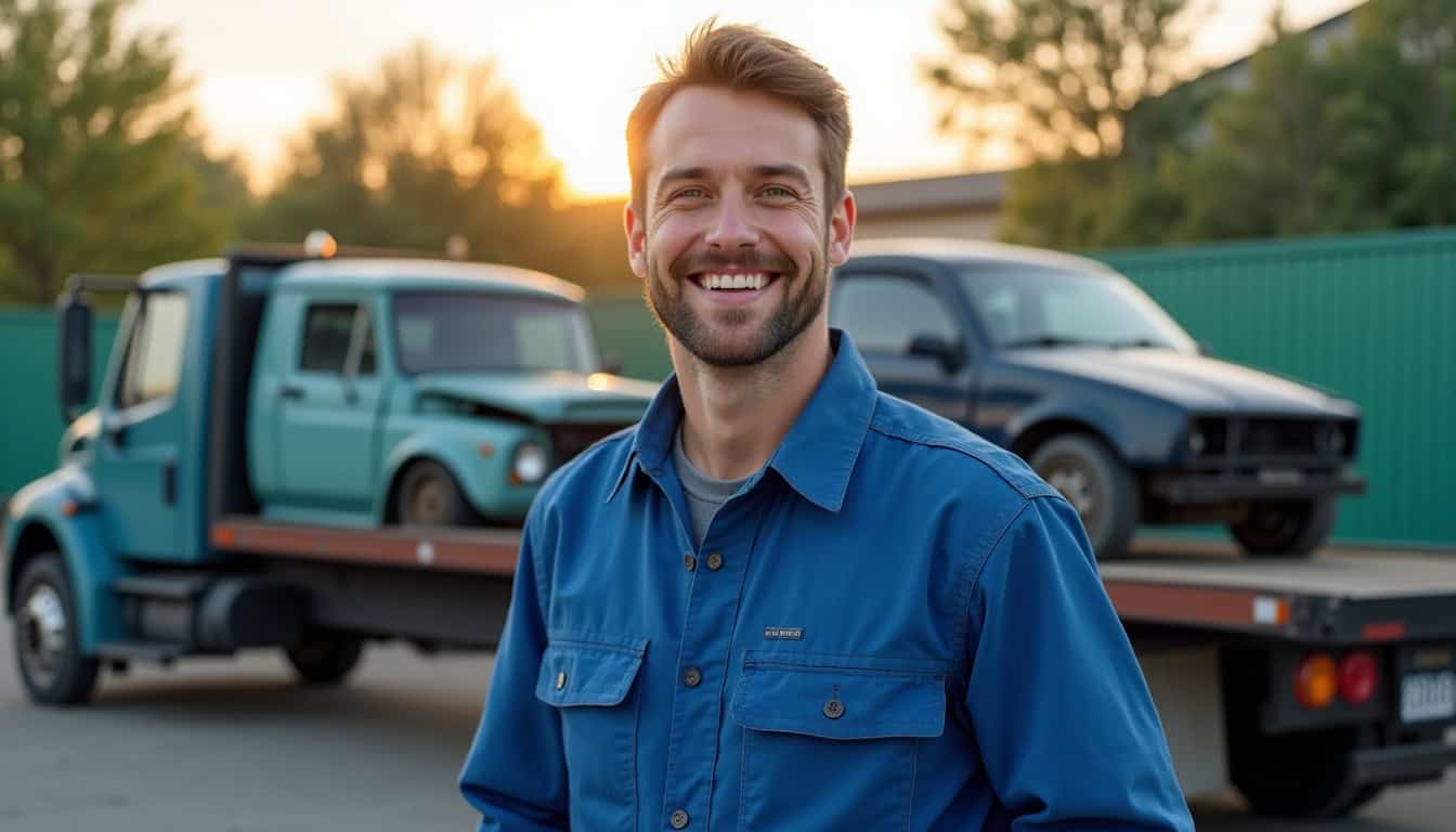 Un épaviste souriant en train d'expliquer les documents de destruction à un propriétaire de véhicule, avec des papiers sur le capot d'une voiture et un camion de remorquage en arrière-plan, symbolisant la simplicité des démarches administratives.