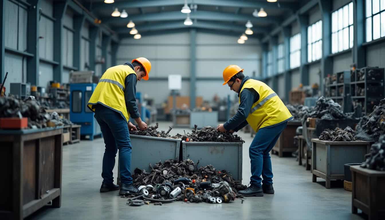 Des professionnels trient des pièces automobiles recyclables dans un centre VHU moderne, avec des bennes de tri et des machines de traitement en arrière-plan, symbolisant le processus de recyclage.