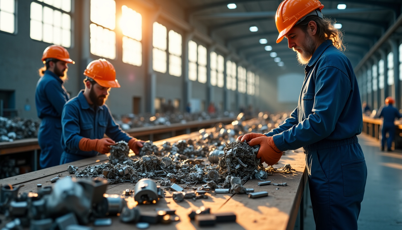 Des ouvriers travaillant dans une usine de recyclage automobile, triant et démantelant des pièces de voiture pour la valorisation des matériaux.