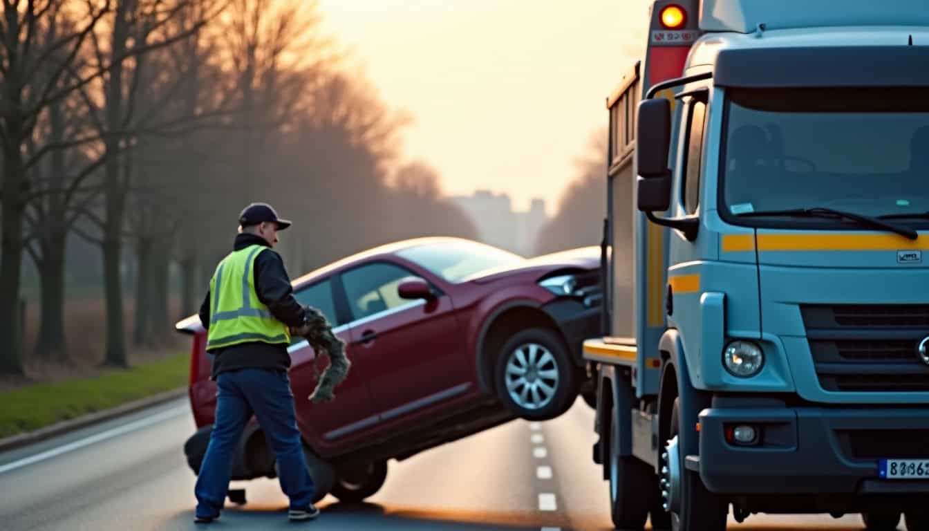 Un dépanneur agréé charge une voiture accidentée sur un camion de remorquage, prêt à l'emmener vers un centre de traitement VHU à Étampes-sur-Marne.