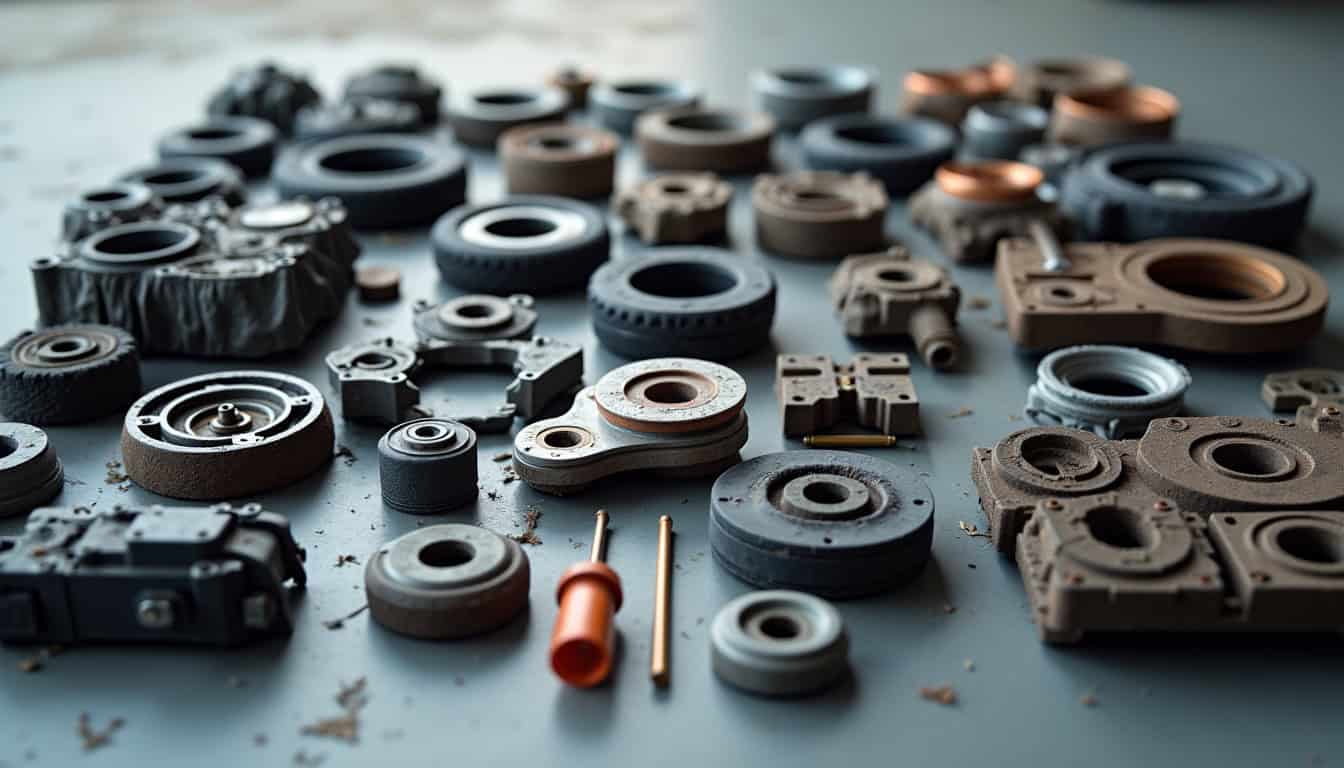 Vue rapprochée de différentes pièces automobiles recyclées et triées, illustrant le processus de valorisation des matériaux après la dépollution du VHU.