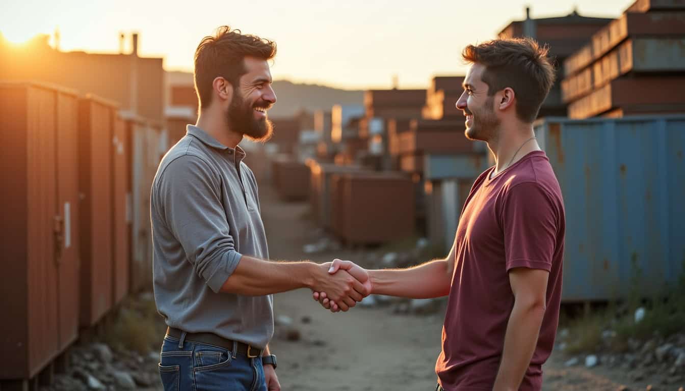 Un épaviste souriant serrant la main d'un client satisfait devant son camion de dépannage, symbolisant un service fiable et une transaction en toute confiance.