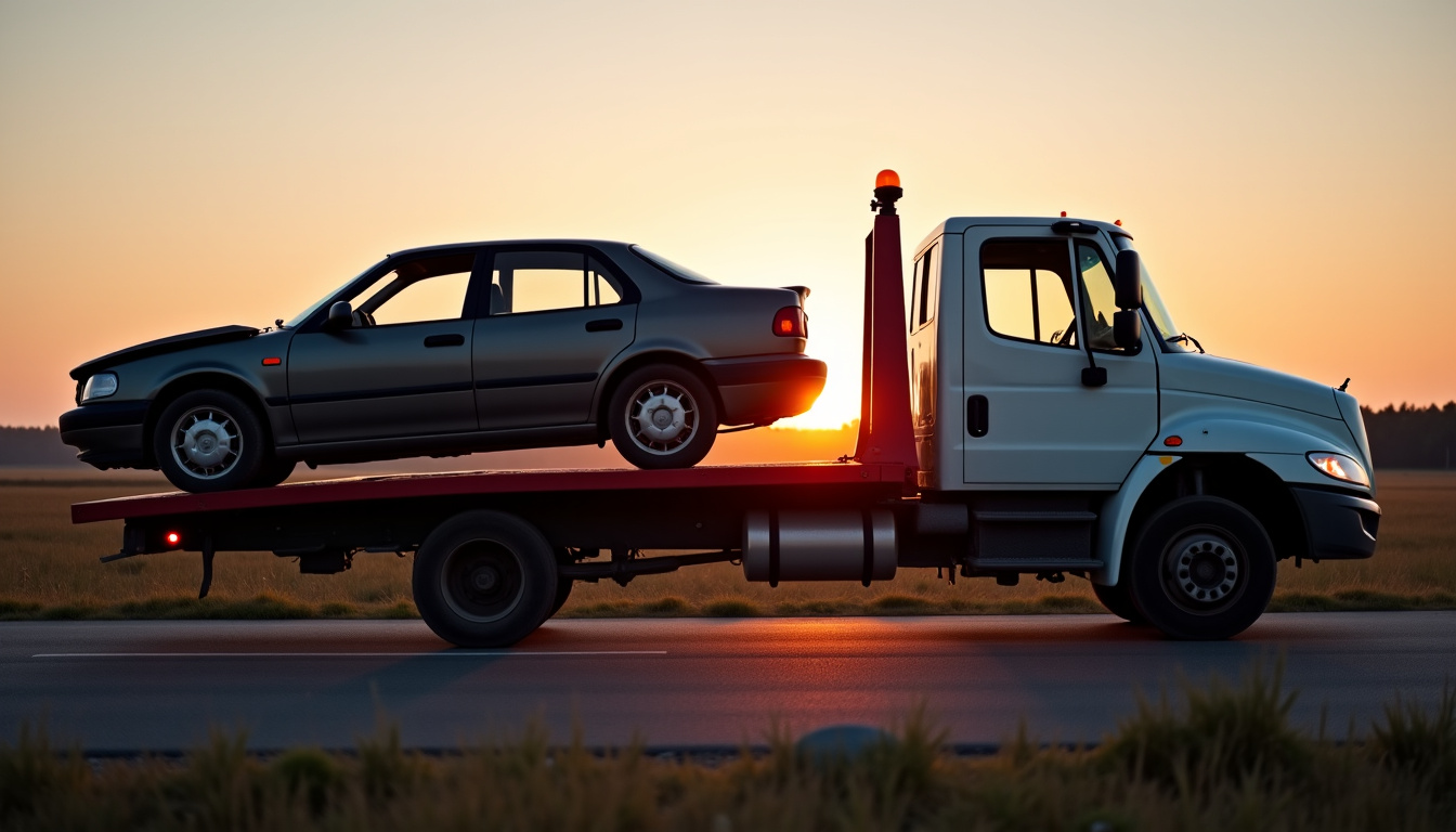 Un camion épaviste charge une voiture hors d'usage sur sa plateforme à Étréaupont. L'épave est visiblement endommagée, soulignant l'importance d'un enlèvement professionnel.
