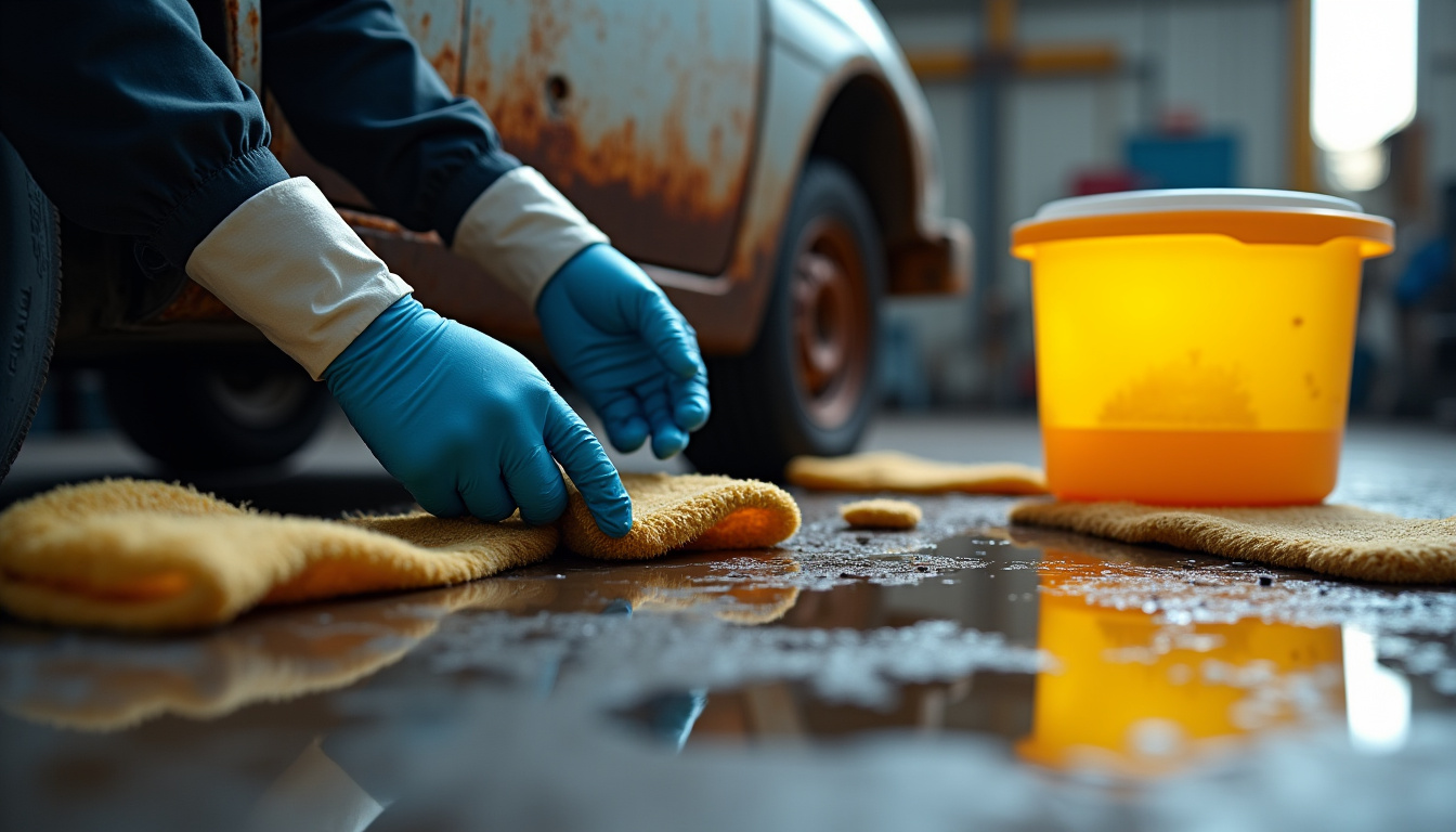 Vue rapprochée des opérations de dépollution d'un véhicule hors d'usage dans un centre VHU, avec des techniciens en équipement de protection manipulant des fluides.