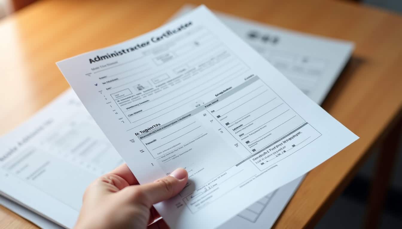 Une main tenant une pile de documents administratifs, incluant une carte grise barrée, un certificat de non-gage et un formulaire de cession, sur fond de table en bois, symbolisant les démarches légales pour l'enlèvement d'une épave.