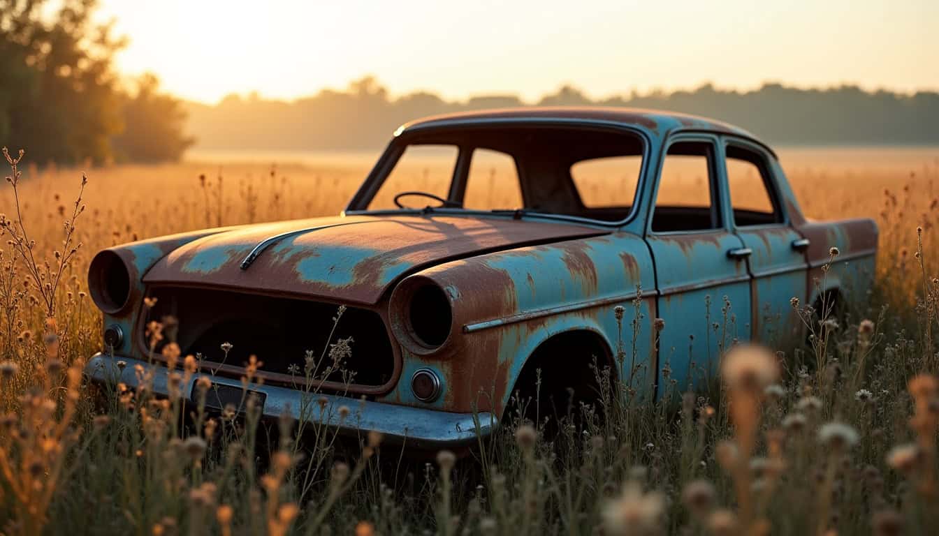Une épave de voiture rouillée et abandonnée dans un champ, avec des fluides s'écoulant et polluant l'herbe environnante, illustrant les conséquences environnementales de l'abandon.